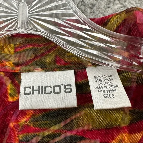 Chico's Long Sleeve Floral Button Up Linen Blend Tropical Artsty Red Women's 2 L - Picture 4 of 8